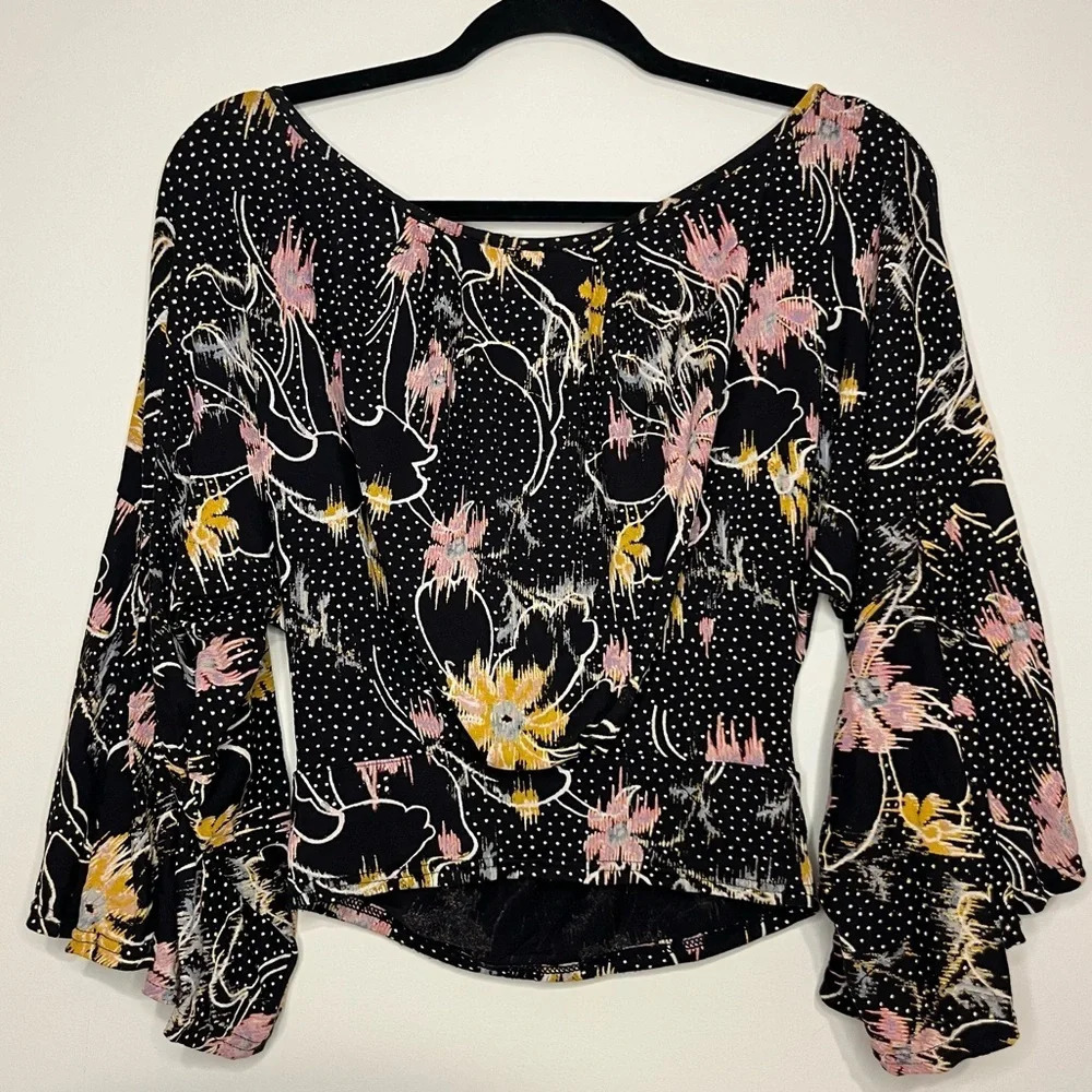 FREE PEOPLE One Last Time Bellsleeve Floral Cropped Boho Wrap Blouse Top - Picture 11 of 12